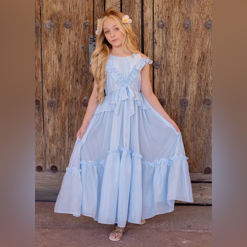 Joyfolie Blue Ruffled Tiered Sundress with Flutter Cap Sleeves